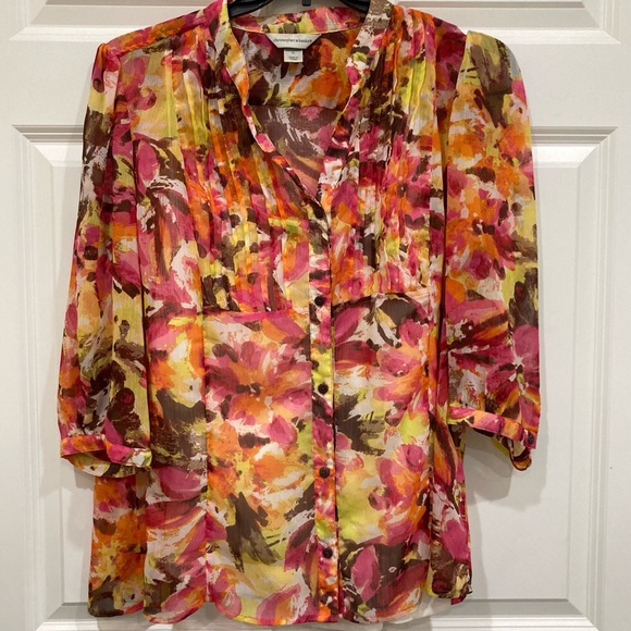Christopher & Banks XL colorful sunset sheer button up white satin under shirt - Picture 1 of 9
